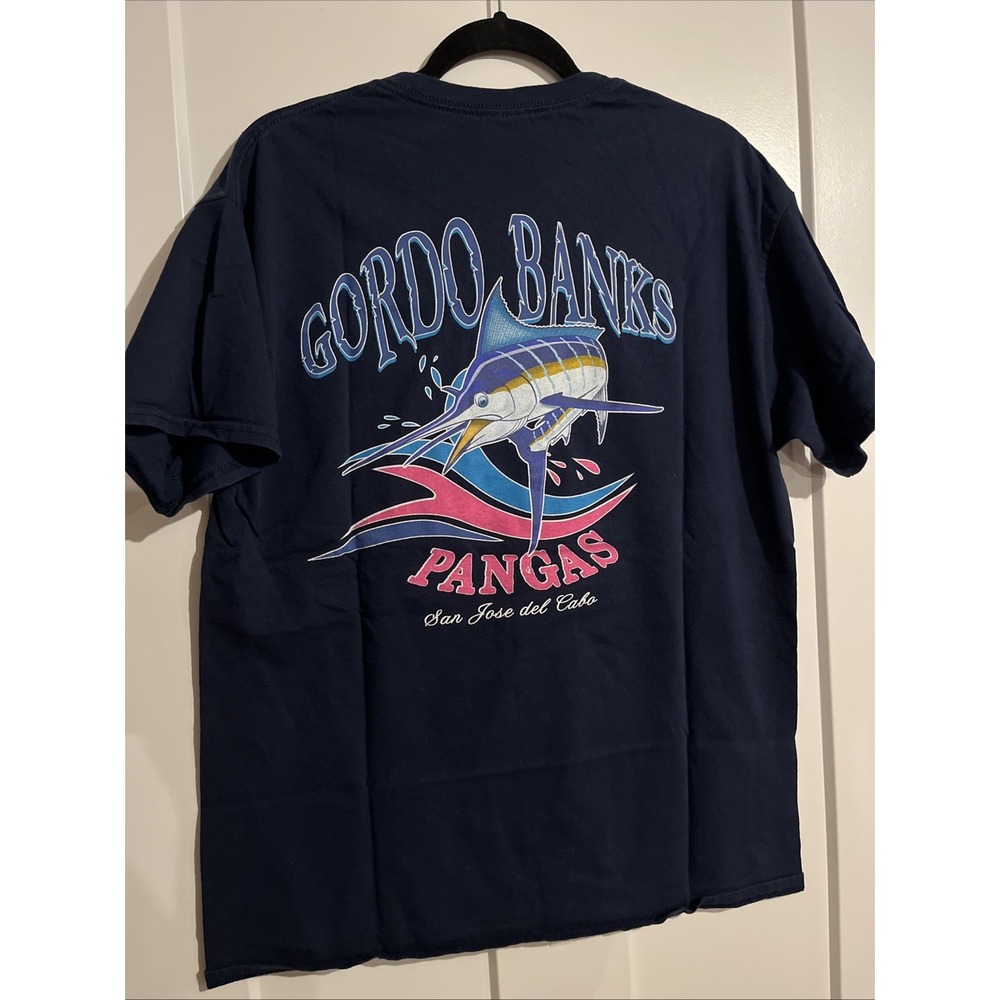 Gordo Banks Pangas Fishing Men's Tshirt San Jose del Cabo Blue Size Large Gildan